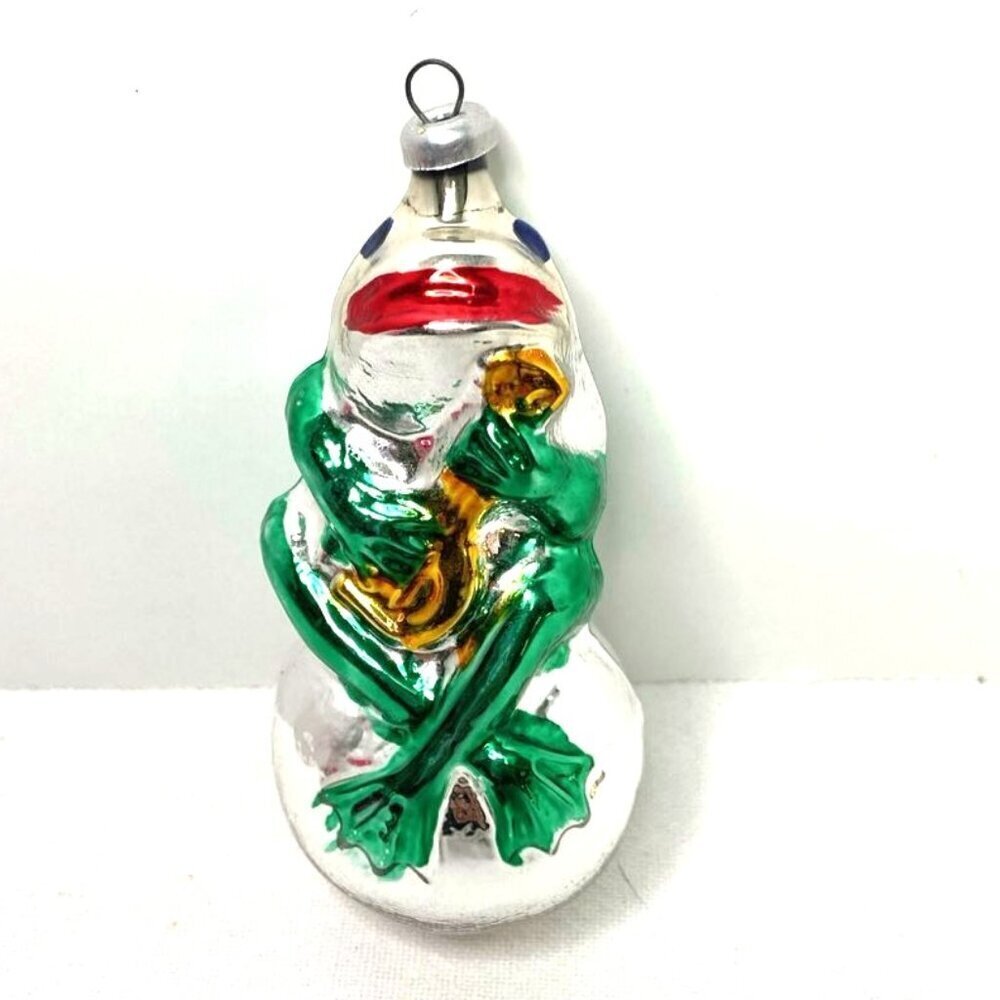 Vintage Blown Glass Ornament Frog Holding Instrument Guitar‎ Ukelele Retro